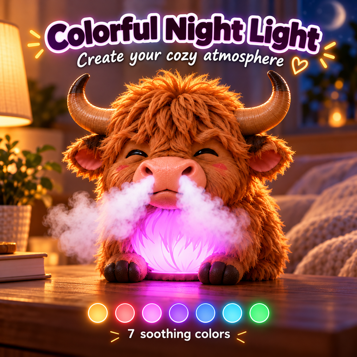 🐮Highland Cow Huff™💡 – Tap-to-Puff Humidifier & Colorful Night Light