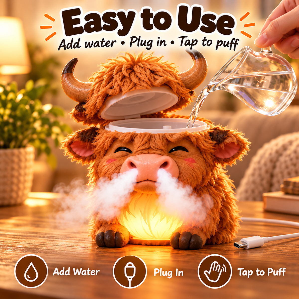 🐮Highland Cow Huff™💡 – Tap-to-Puff Humidifier & Colorful Night Light