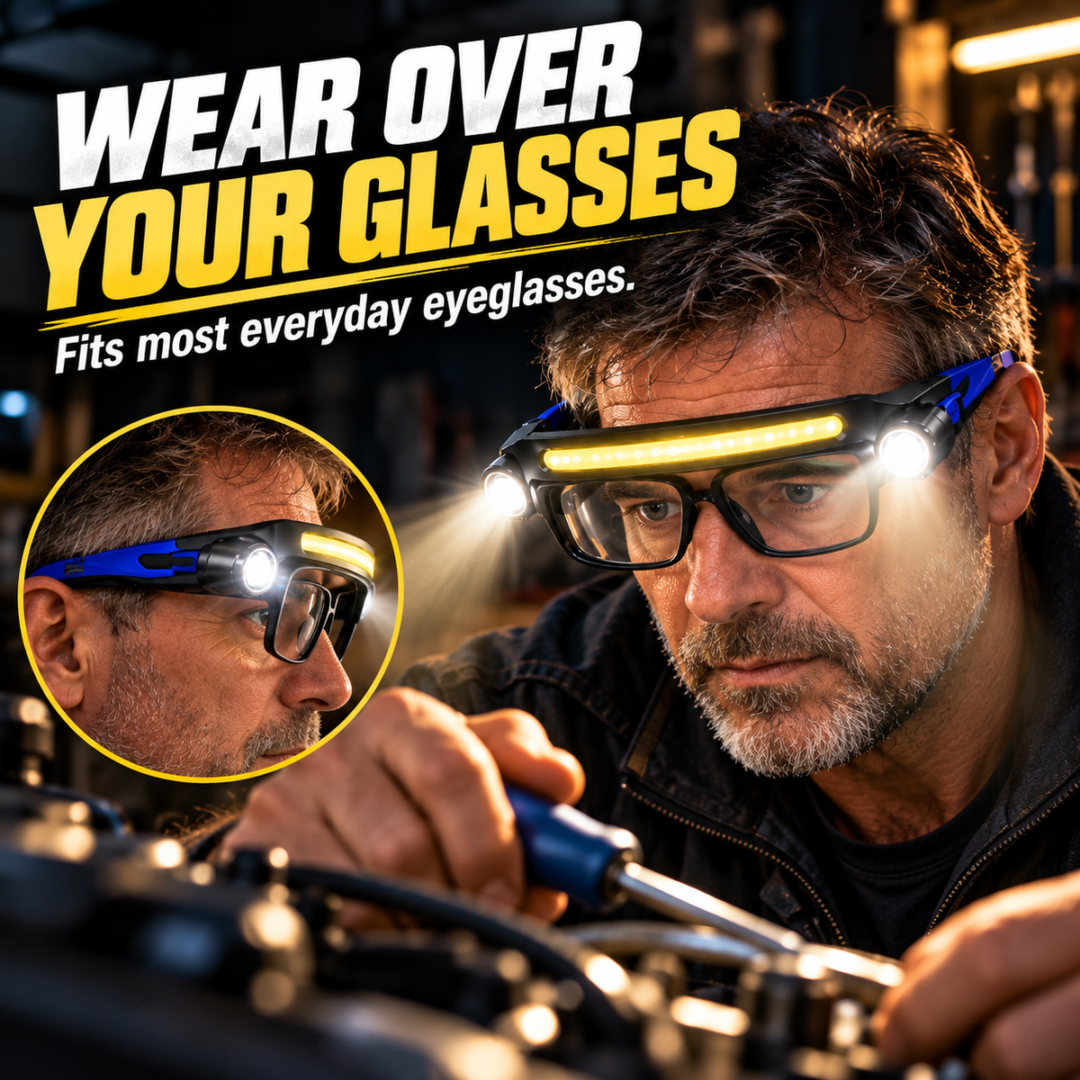 🔥Hands-Free LED Work Glasses with Wide Front Beam, Side Lights & Over-Glasses Fit