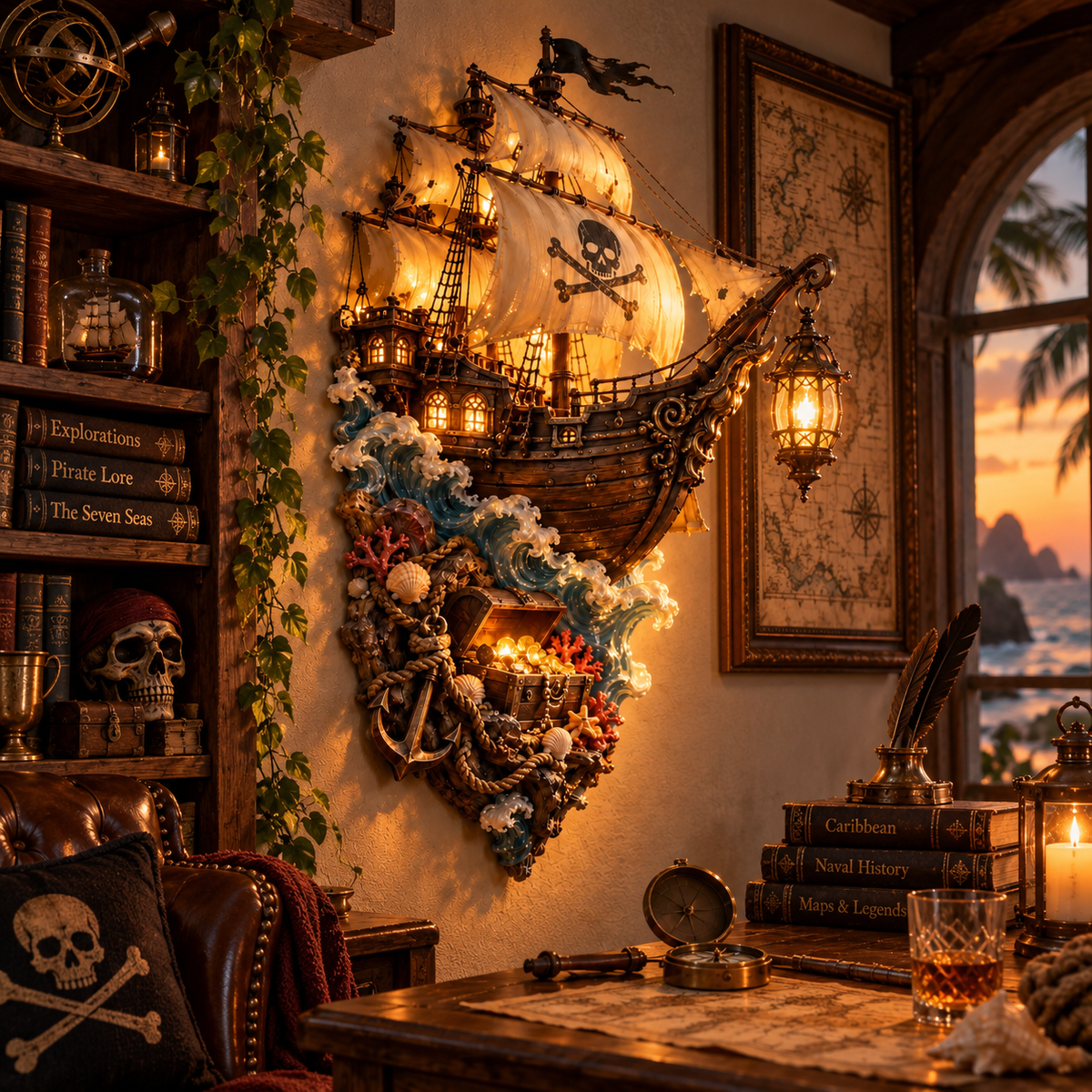 🏴‍☠️⛵🔥 Illuminated Pirate Ship Wall Lantern | Glowing Ghost Ship & Treasure Chest Sculpture, Nautical Fantasy Coastal Wall Décor