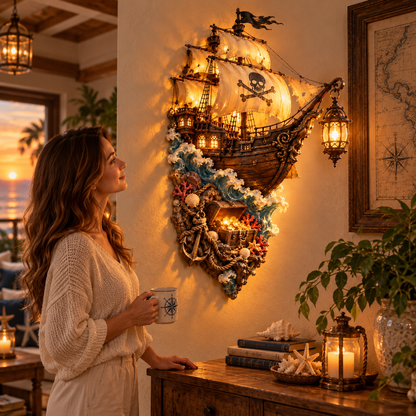 🏴‍☠️⛵🔥 Illuminated Pirate Ship Wall Lantern | Glowing Ghost Ship & Treasure Chest Sculpture, Nautical Fantasy Coastal Wall Décor