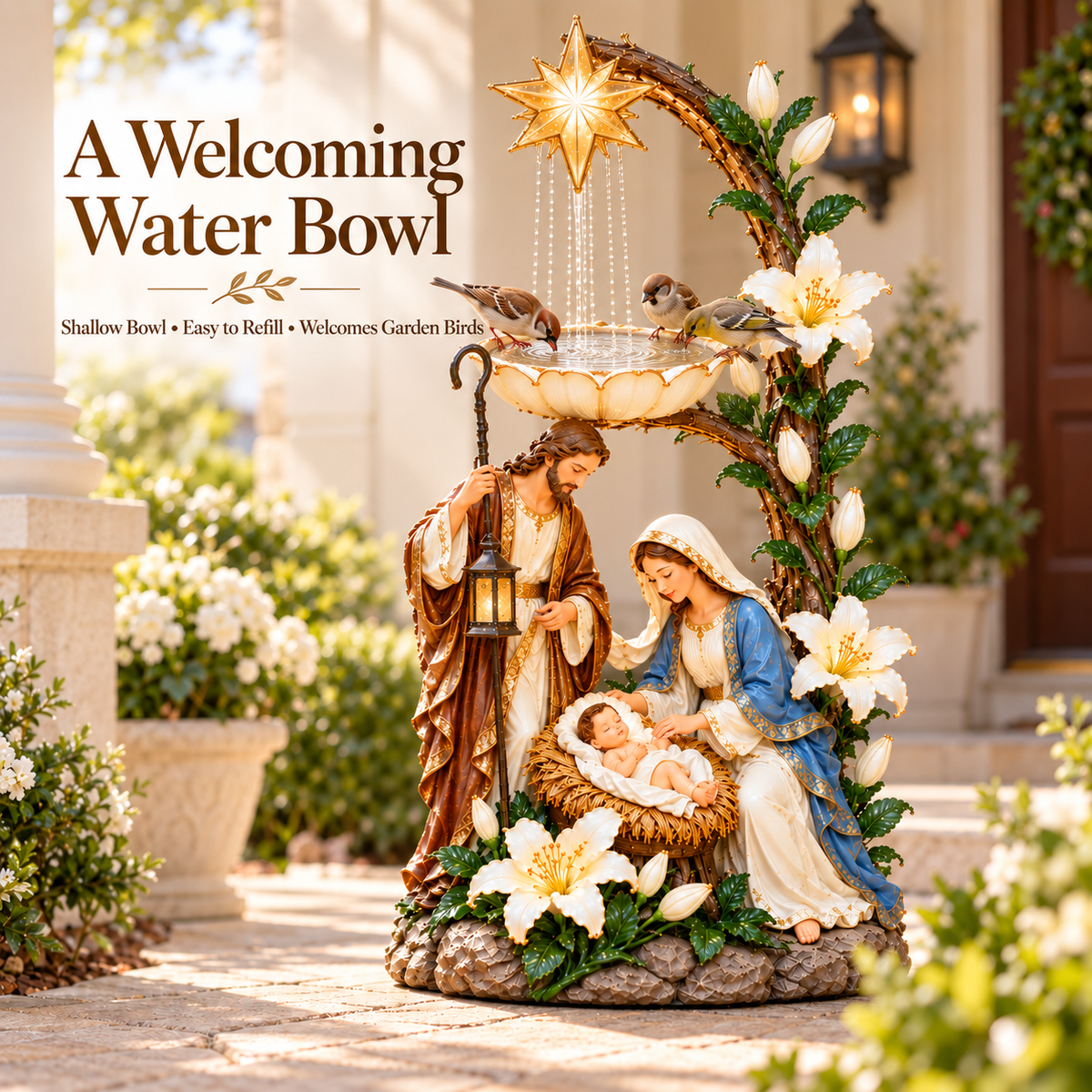 🎄 Holy Family Starlight Garden Bird Bath™ – Lighted Nativity Outdoor Decor