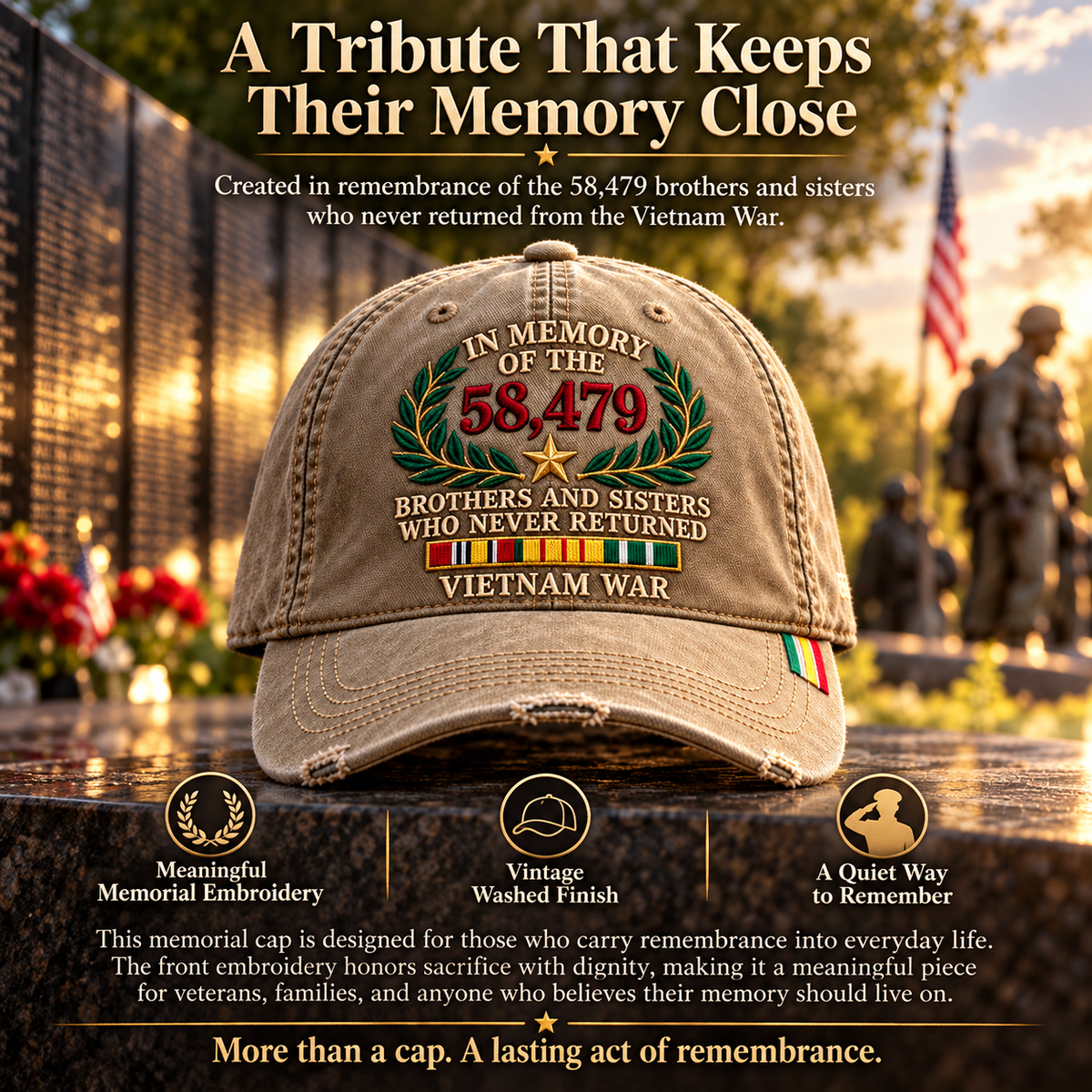 🇺🇸 Vietnam War Memorial Embroidered Cap – Honor Those Who Never Returned 🕊️
