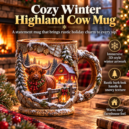 🐮✨ Highland Cow Christmas Magic Mug – Heat-Changing Winter Farmhouse Scene ❄️☕