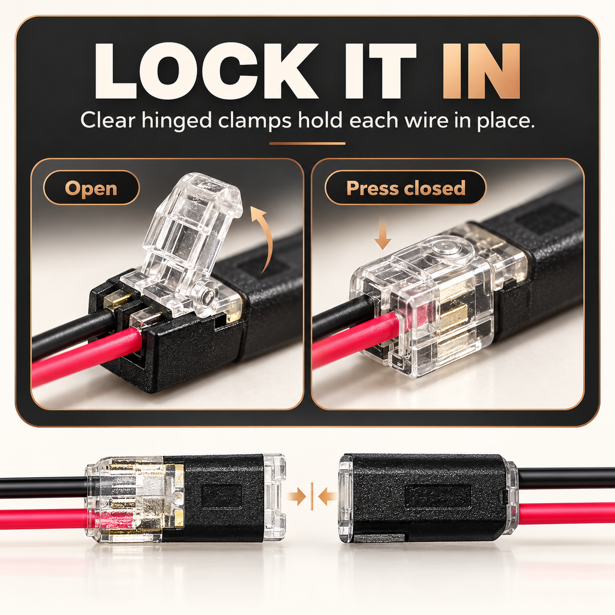 🔌✨ 2-Pin LED Wire Connector – Quick-Connect Plug with Clear Locking Clamps for Low-Voltage LED Lights