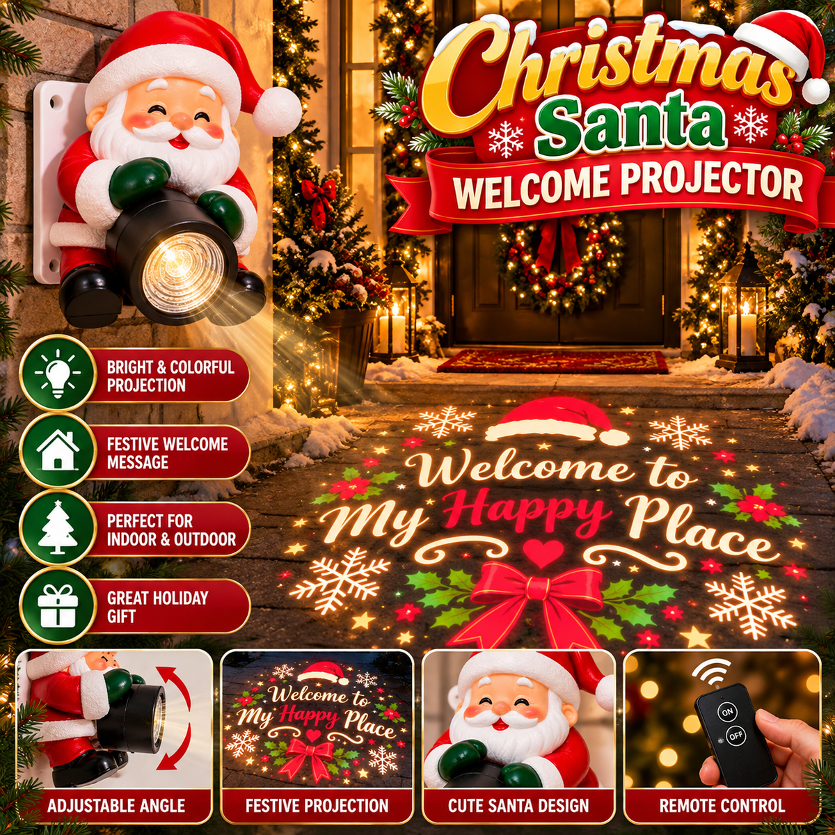 🎅 Santa Christmas Welcome Projector – Colorful Holiday Greeting Light with Adjustable Projection & Remote Power Control
