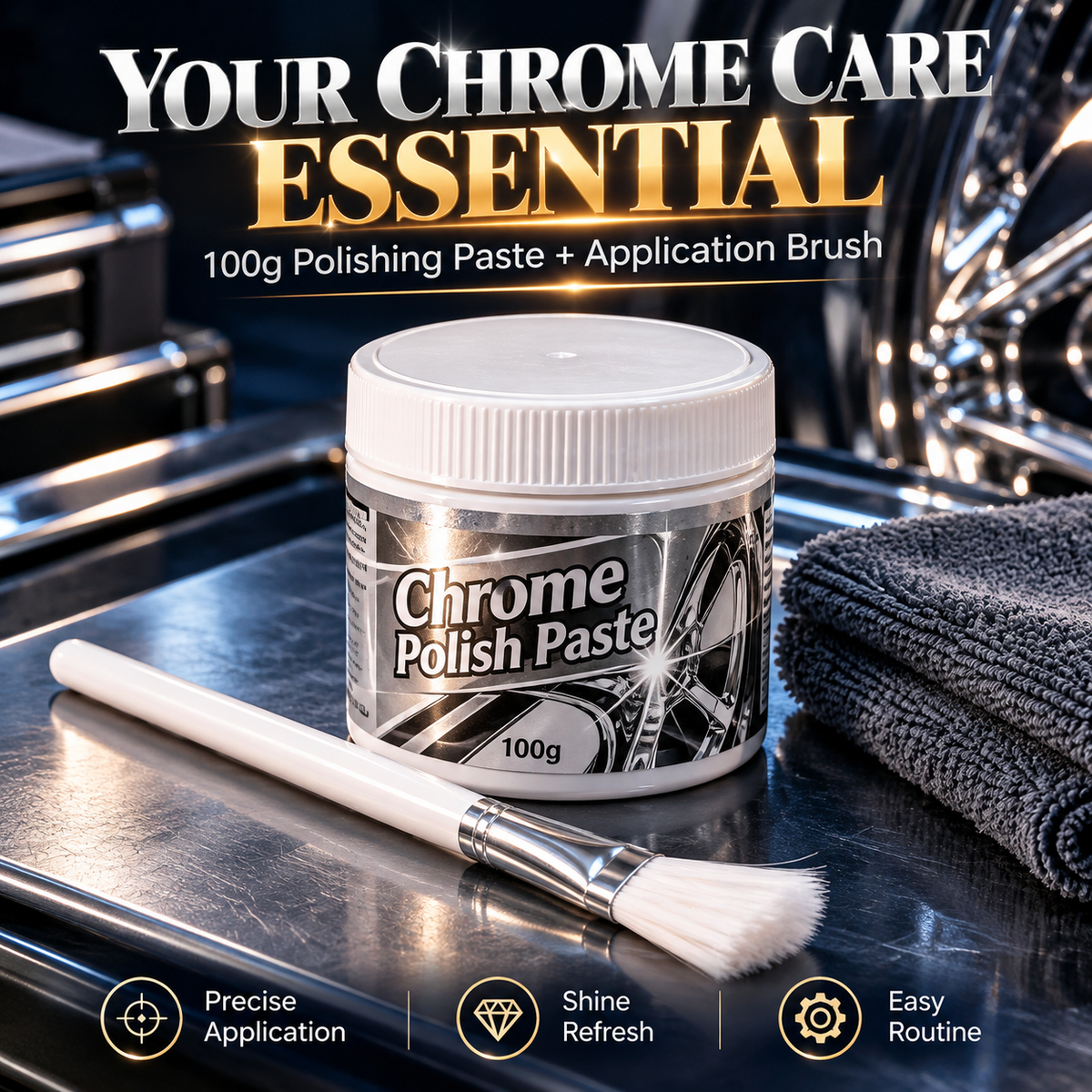 ✨ Chrome Polish Paste – 100g Metal & Chrome Polishing Paste with Application Brush for a Brilliant Mirror-Like Finish