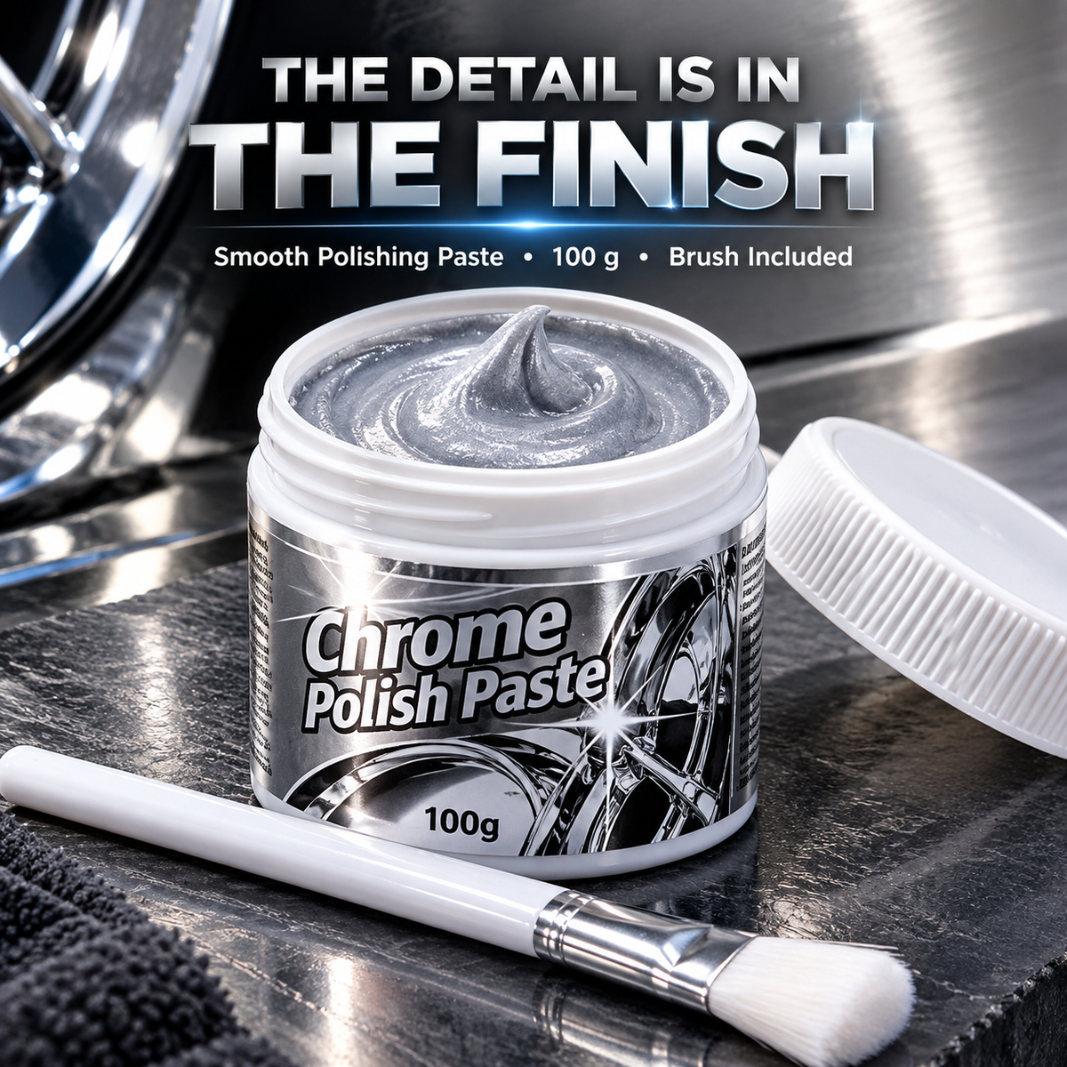 ✨ Chrome Polish Paste – 100g Metal & Chrome Polishing Paste with Application Brush for a Brilliant Mirror-Like Finish