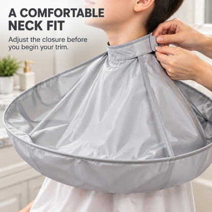 ✂️🧹 Hair Cutting Cape with Catcher – built-in groove traps clippings, no mess on clothes or floors. Waterproof, non-static, folds flat. Perfect for home trims & kids' cuts! 💇✅