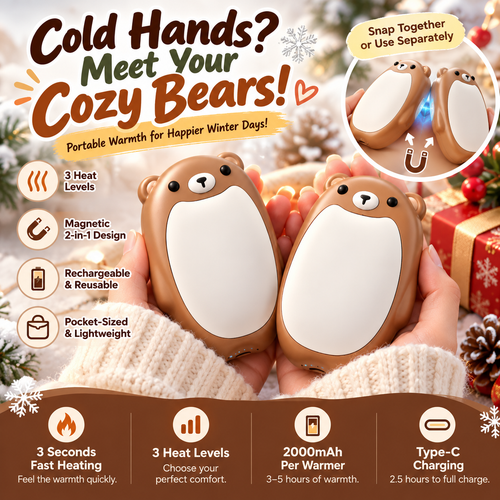 🐻 2-Pack Magnetic Bear Hand Warmers – Rechargeable, 3 Heat Levels & Pocket-Sized