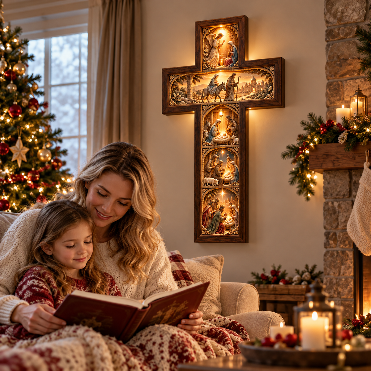 ✝️ The Story of Christmas Illuminated Cross – 5 Biblical Scenes, 3D Nativity Wall Decor 🎄