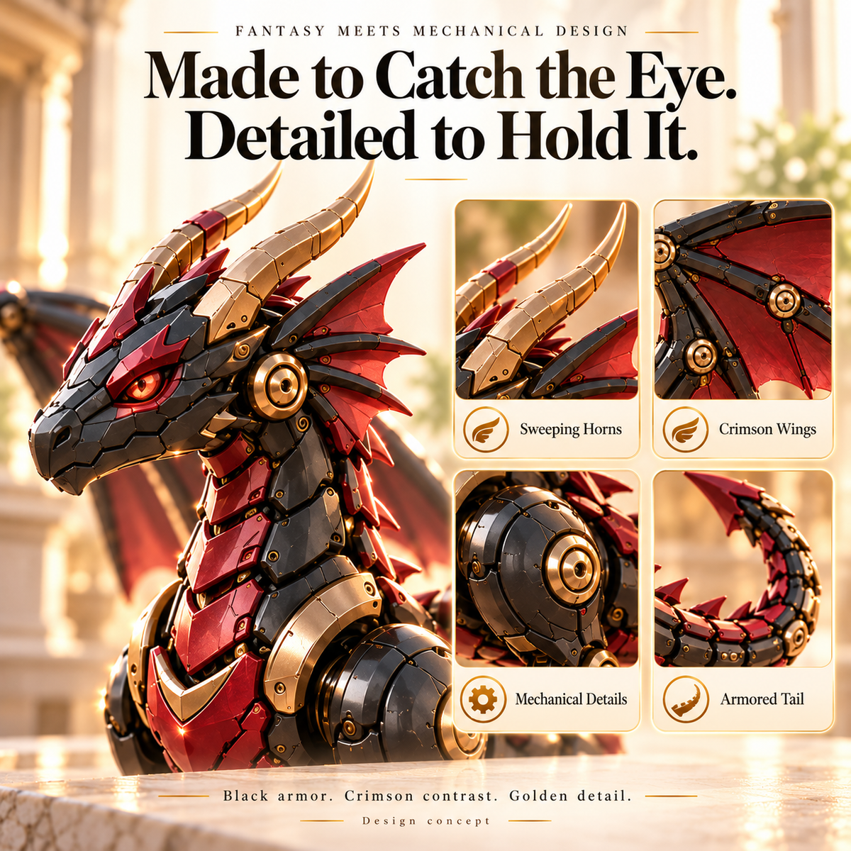 🎁LAST DAY 49% OFF | 🐉 Mechanical Dragon Egg – Black & Crimson Dragon with Folding Wings & Armored Details