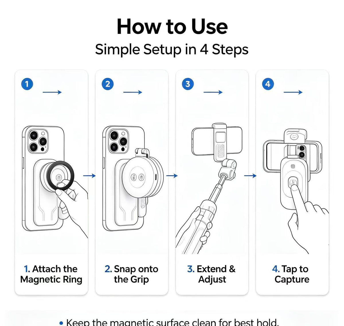 📹Zoomable Magnetic Palm Grip | Selfie Stick & Tripod