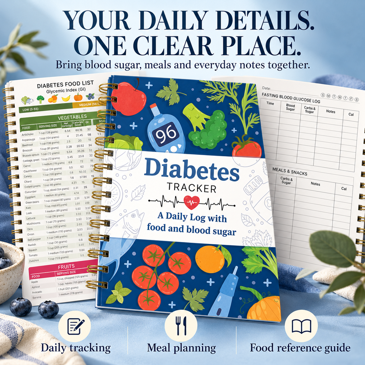 📘 Diabetes Tracker Book with Food Guide & Meal Planner ✨