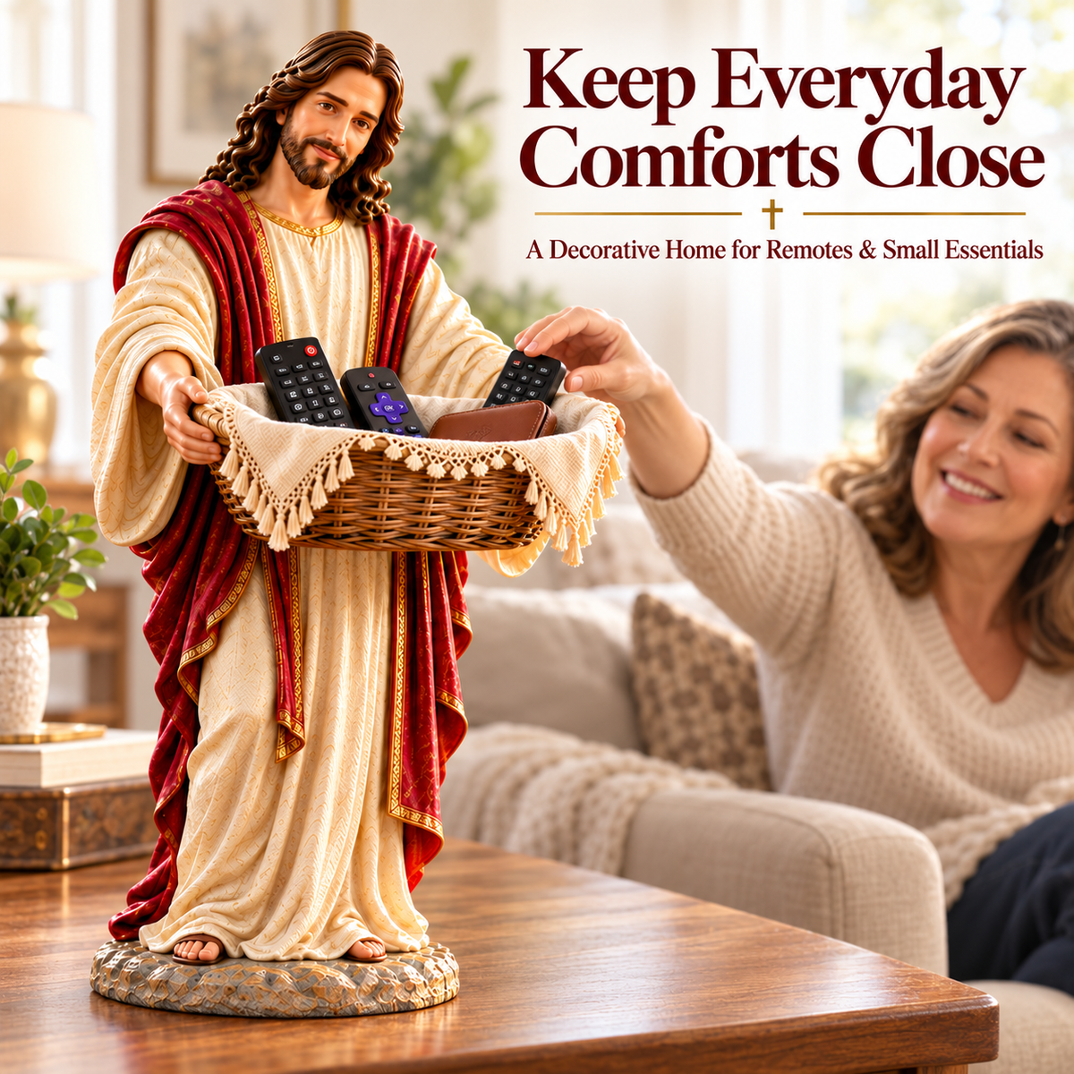 ✝️ Limited-Time Sale | Jesus Offers Comfort™ – Jesus Figurine with Decorative Storage Basket | Meaningful Christian Home Decor & Faith-Inspired Gift 🎁