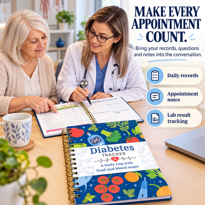 📘 Diabetes Tracker Book with Food Guide & Meal Planner ✨