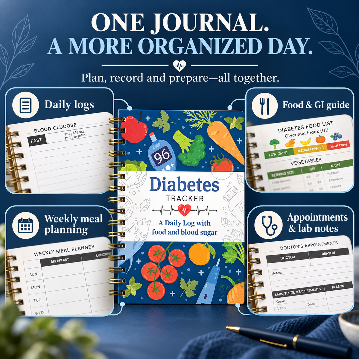 📘 Diabetes Tracker Book with Food Guide & Meal Planner ✨