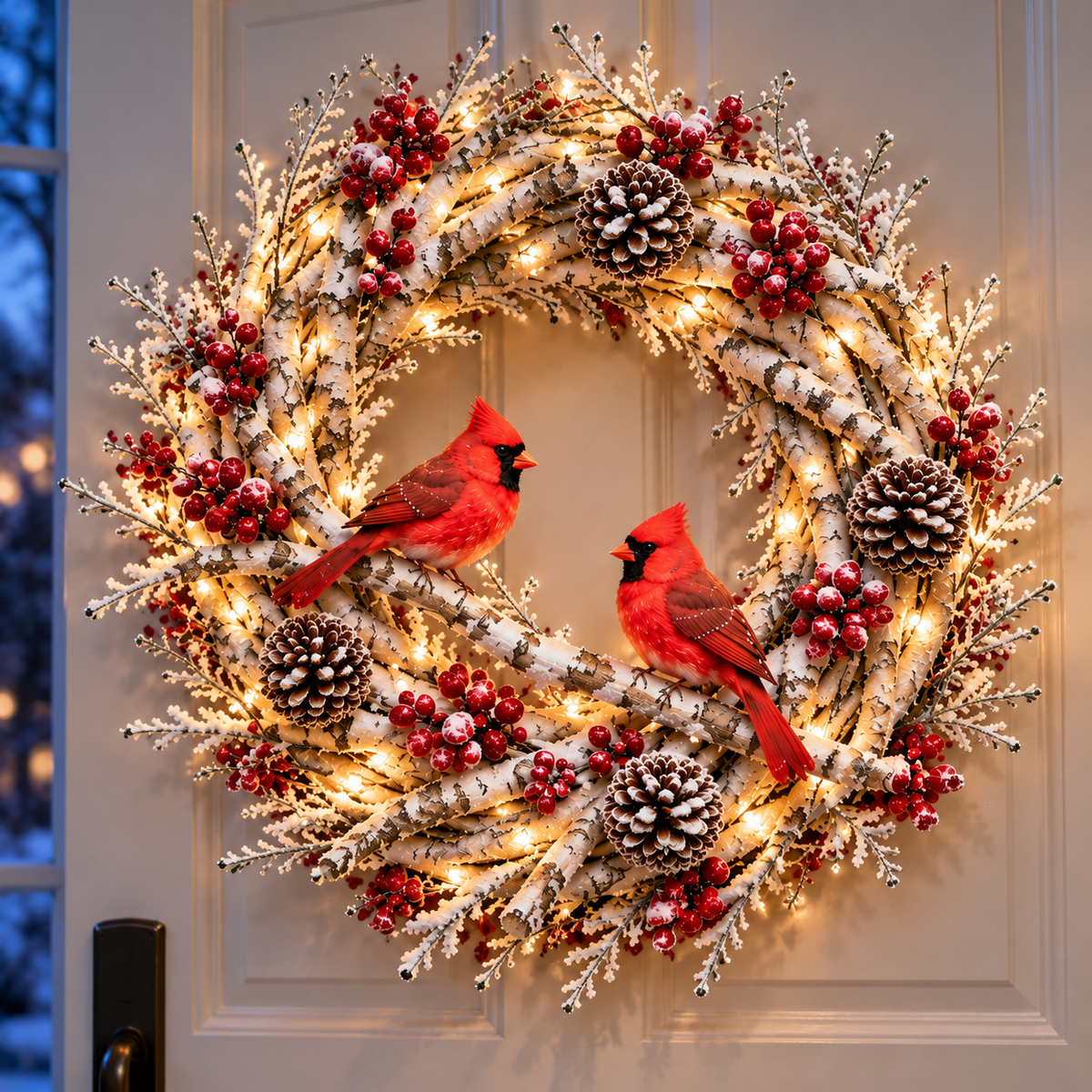 🔥 LAST DAY 49% OFF 🔥❤️ Official Snowy Birch Cardinal Wreath™ – Authentic Quality Lighted Christmas Door Wreath with Paired Red Cardinals, Berries & Pinecones ✨