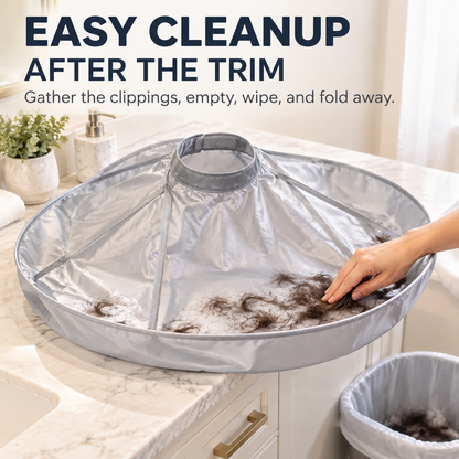 ✂️🧹 Hair Cutting Cape with Catcher – built-in groove traps clippings, no mess on clothes or floors. Waterproof, non-static, folds flat. Perfect for home trims & kids' cuts! 💇✅
