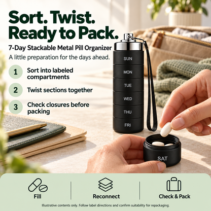 💊 7-Day Stackable Metal Pill Organizer – Detachable Daily Compartments with Screw Closures & Carry Strap