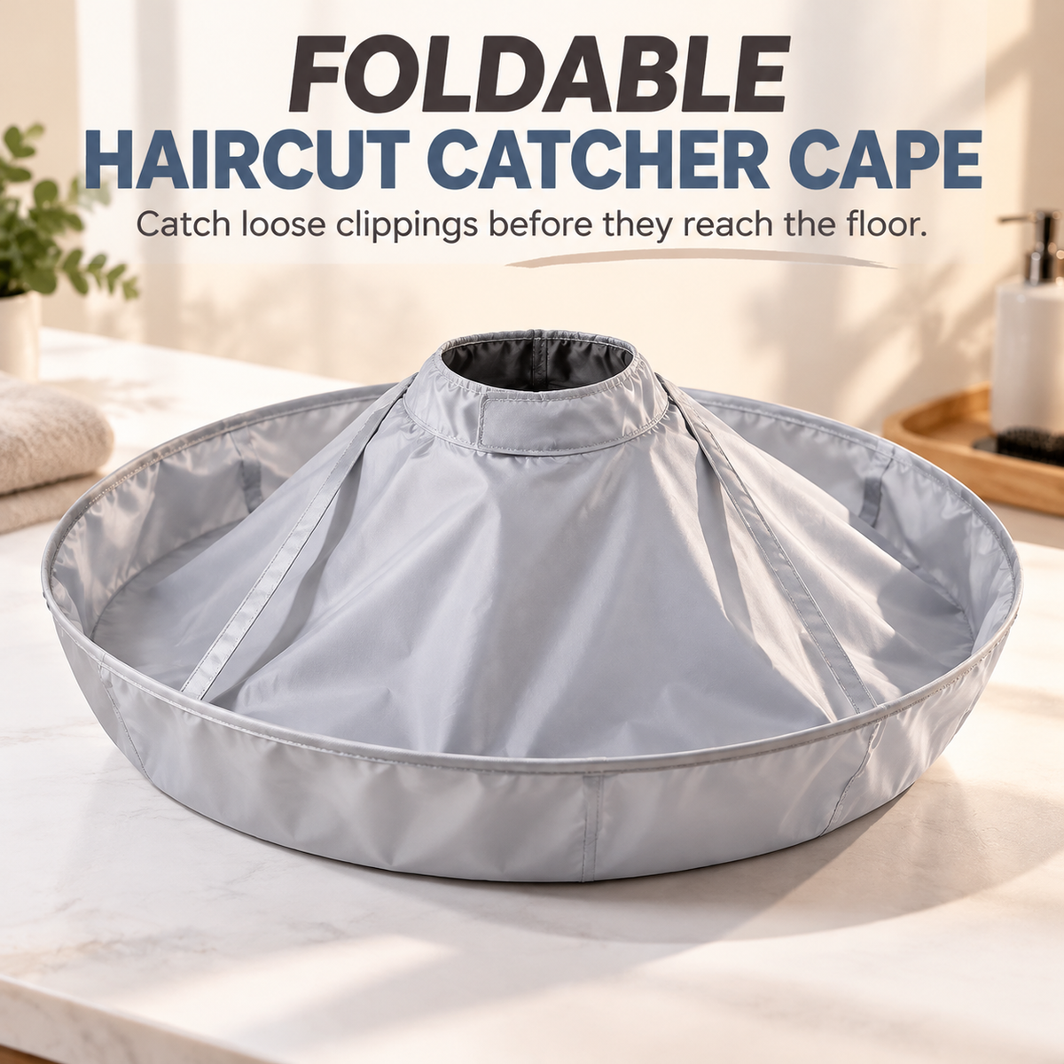 ✂️🧹 Hair Cutting Cape with Catcher – built-in groove traps clippings, no mess on clothes or floors. Waterproof, non-static, folds flat. Perfect for home trims & kids' cuts! 💇✅