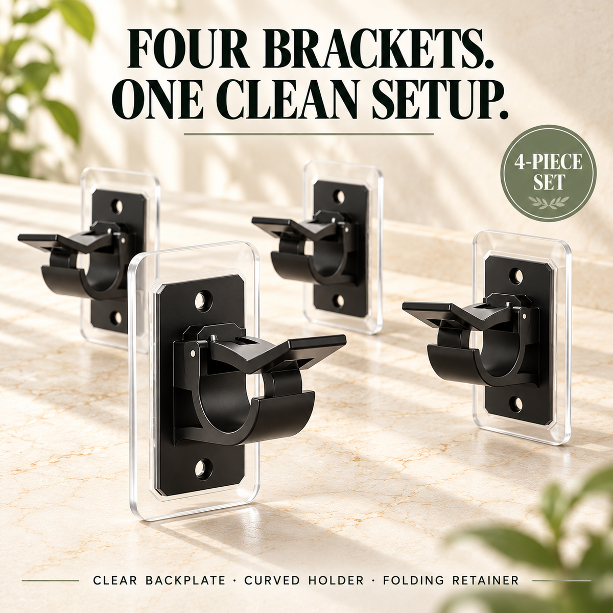 ✨ 4-Pack No-Drill Curtain Rod Brackets | Peel & Stick Holders for Smooth Surfaces | Fits 0.5–1.18″ Rods