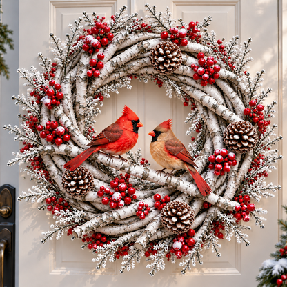 🔥 LAST DAY 49% OFF 🔥 ❤️🐦 Cardinals Together™ – Lighted Snowy Birch Christmas Wreath with Male & Female Cardinals 🎄✨