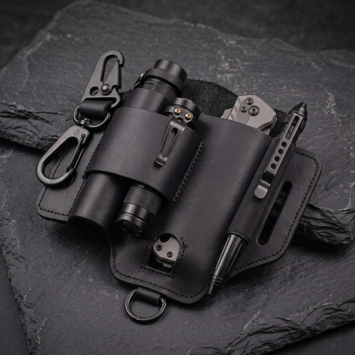Genuine Cowhide Leather EDC Belt Organizer - Multitool, Flashlight & Key Holster Sheath