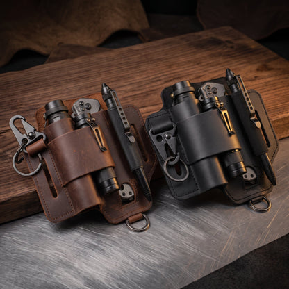 Genuine Cowhide Leather EDC Belt Organizer - Multitool, Flashlight & Key Holster Sheath