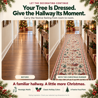 🔥LAST DAY 49% OFF -🎄 Vintage Christmas Runner Rug – Santa, Reindeer & Timeless Holiday Charm
