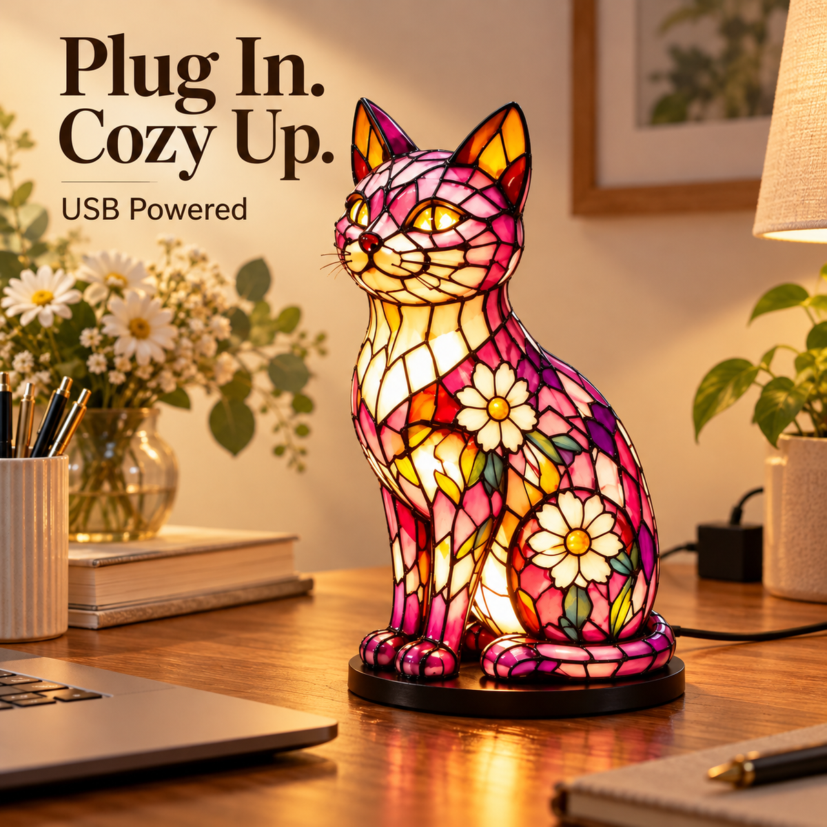 🌸🐱 Floral Mosaic Cat Lamp – A Warm Glow for Every Cat Lover’s Home