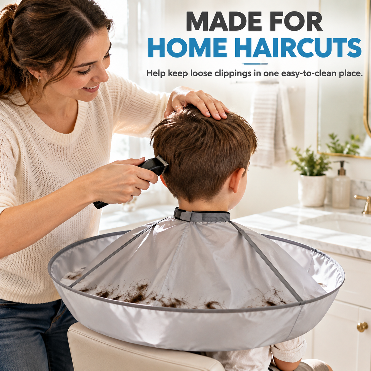 ✂️🧹 Hair Cutting Cape with Catcher – built-in groove traps clippings, no mess on clothes or floors. Waterproof, non-static, folds flat. Perfect for home trims & kids' cuts! 💇✅
