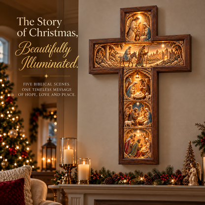 ✝️ The Story of Christmas Illuminated Cross – 5 Biblical Scenes, 3D Nativity Wall Decor 🎄