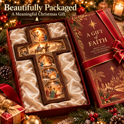 ✝️ The Story of Christmas Illuminated Cross – 5 Biblical Scenes, 3D Nativity Wall Decor 🎄