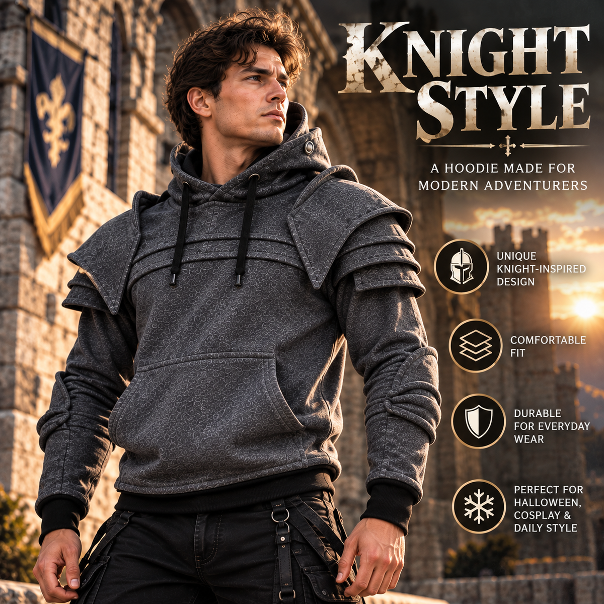 ⚔️ Medieval Knight Armor Hoodie – 2-in-1 Cosplay & Streetwear Pullover 🛡️