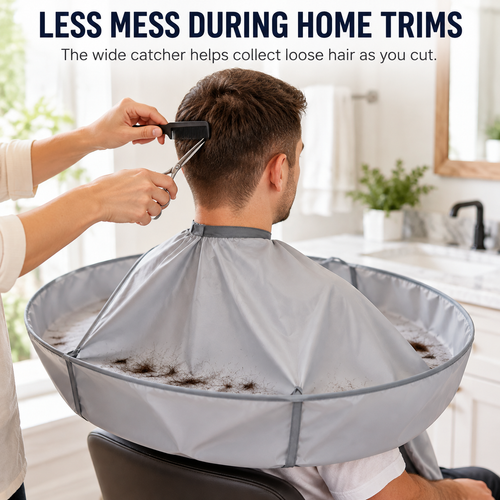 ✂️🧹 Hair Cutting Cape with Catcher – built-in groove traps clippings, no mess on clothes or floors. Waterproof, non-static, folds flat. Perfect for home trims & kids' cuts! 💇✅