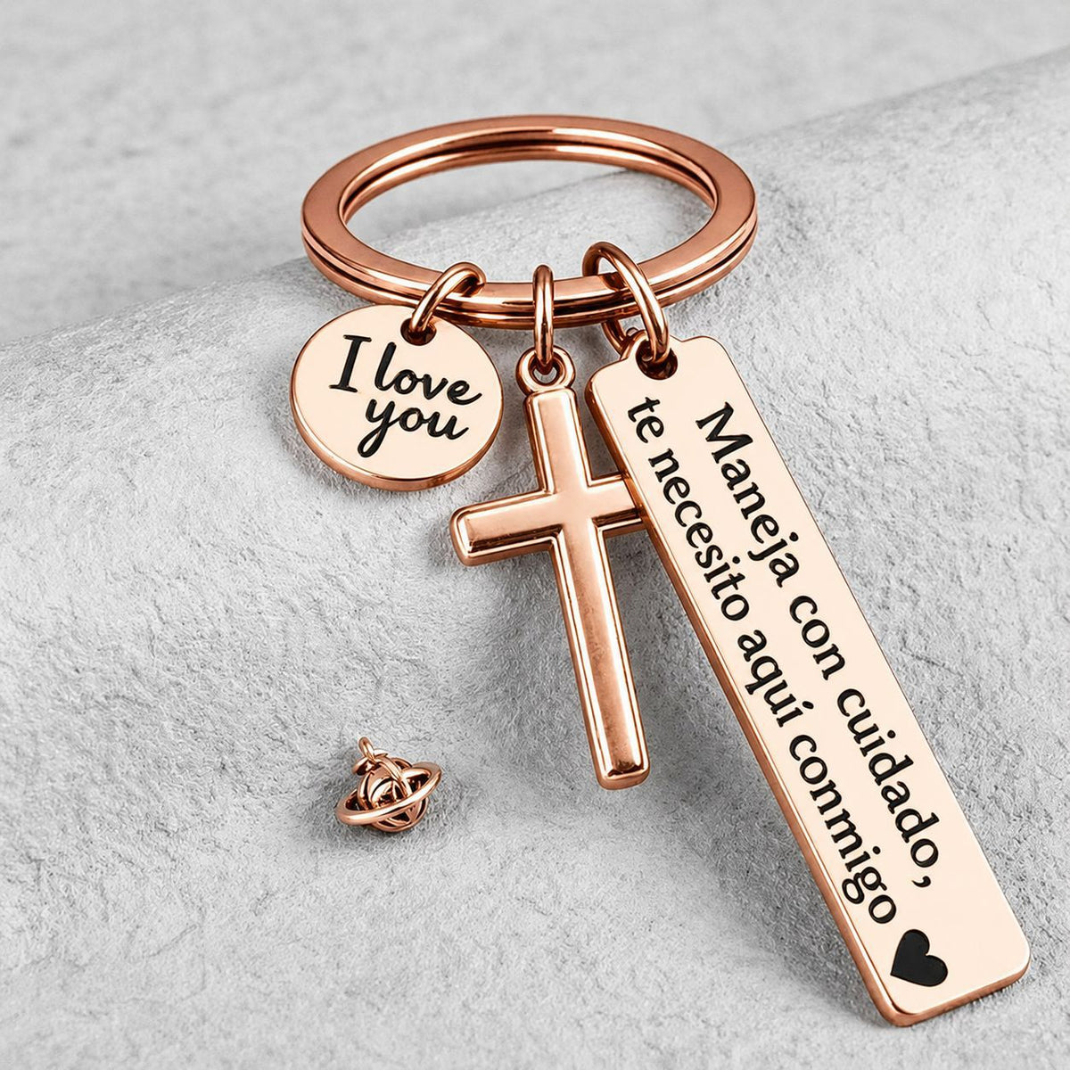 Maneja Con Cuidado Te Necesito Aquí Conmigo Keychain with Cross & 'I Love You' Charm