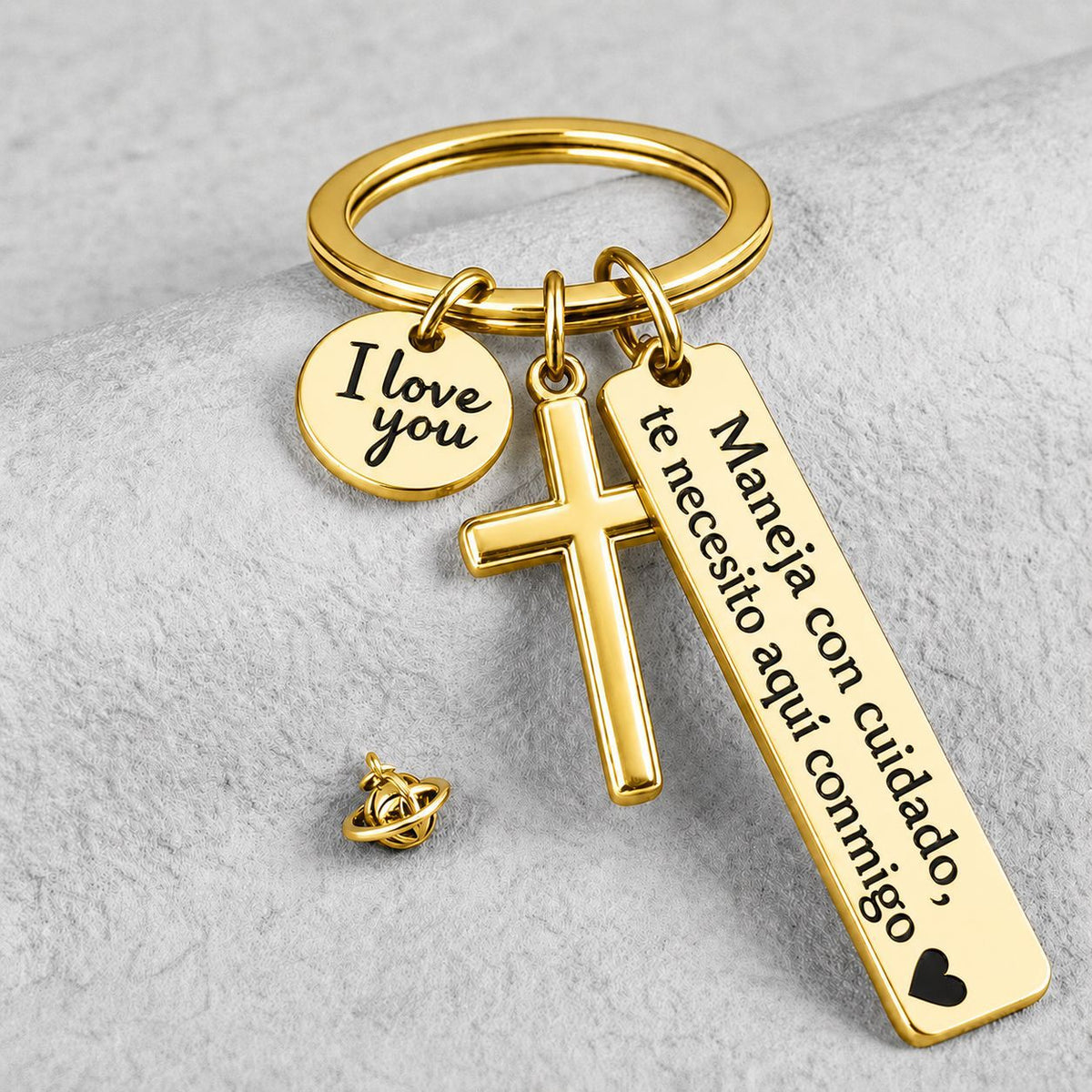 Maneja Con Cuidado Te Necesito Aquí Conmigo Keychain with Cross & 'I Love You' Charm