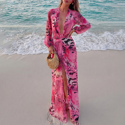 🌴✨ Tropical Print Deep V Maxi Dress – Sexy Backless & High Slit 💚