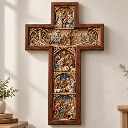 ✝️ The Story of Christmas Illuminated Cross – 5 Biblical Scenes, 3D Nativity Wall Decor 🎄