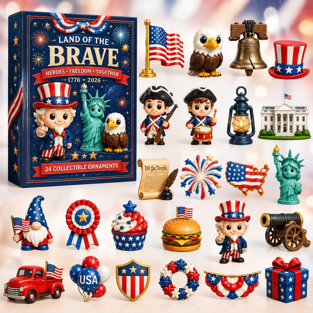 250 Years of American Spirit Acrylic Ornaments Advent Calendar, 24Pcs Patriotic Hanging Decor Gift Box