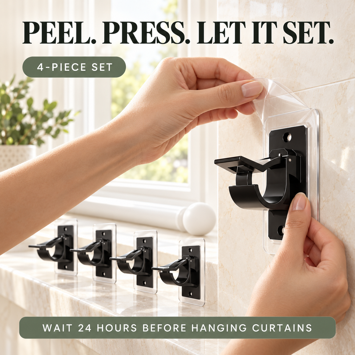✨ 4-Pack No-Drill Curtain Rod Brackets | Peel & Stick Holders for Smooth Surfaces | Fits 0.5–1.18″ Rods
