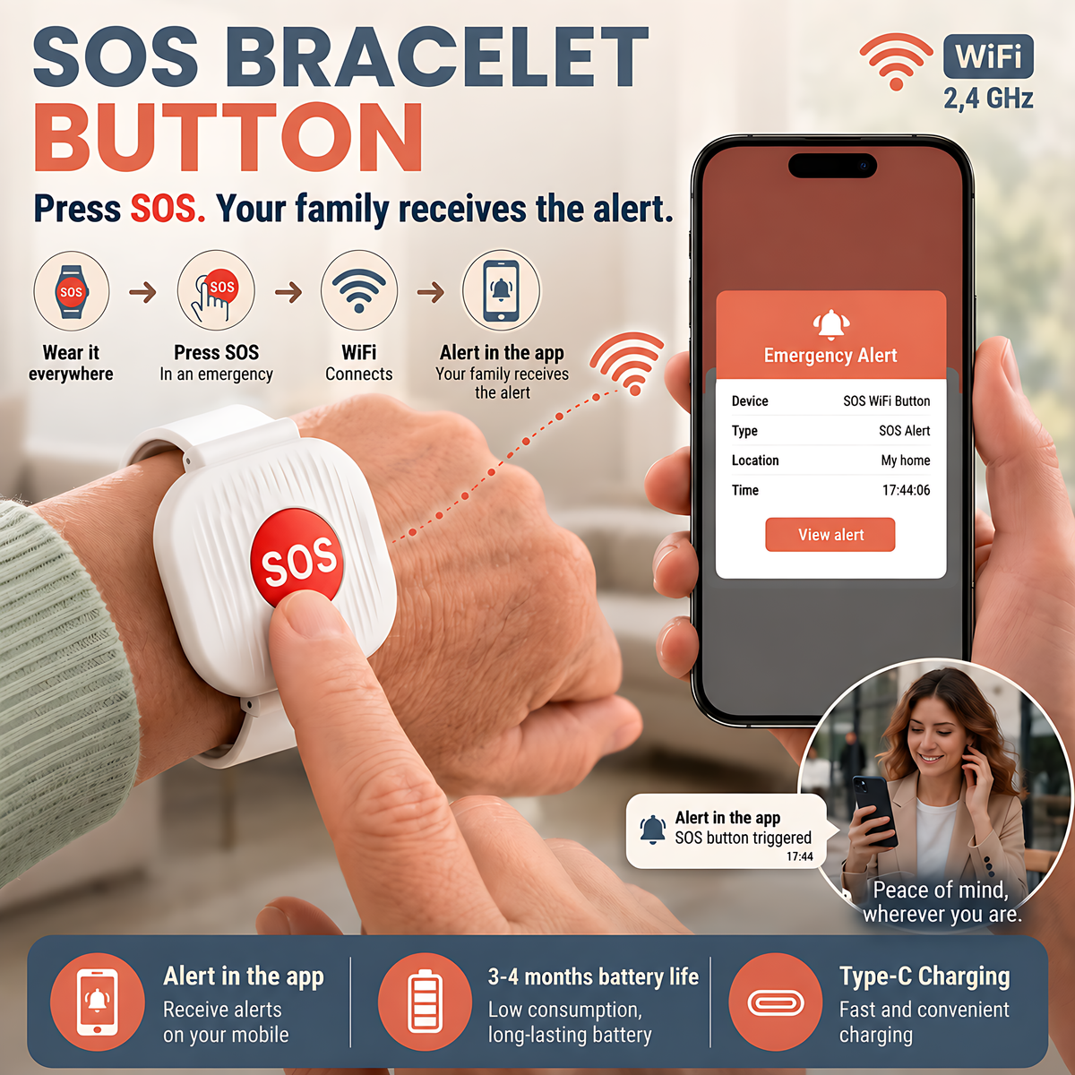 Emergency SOS Button Bracelet for Seniors