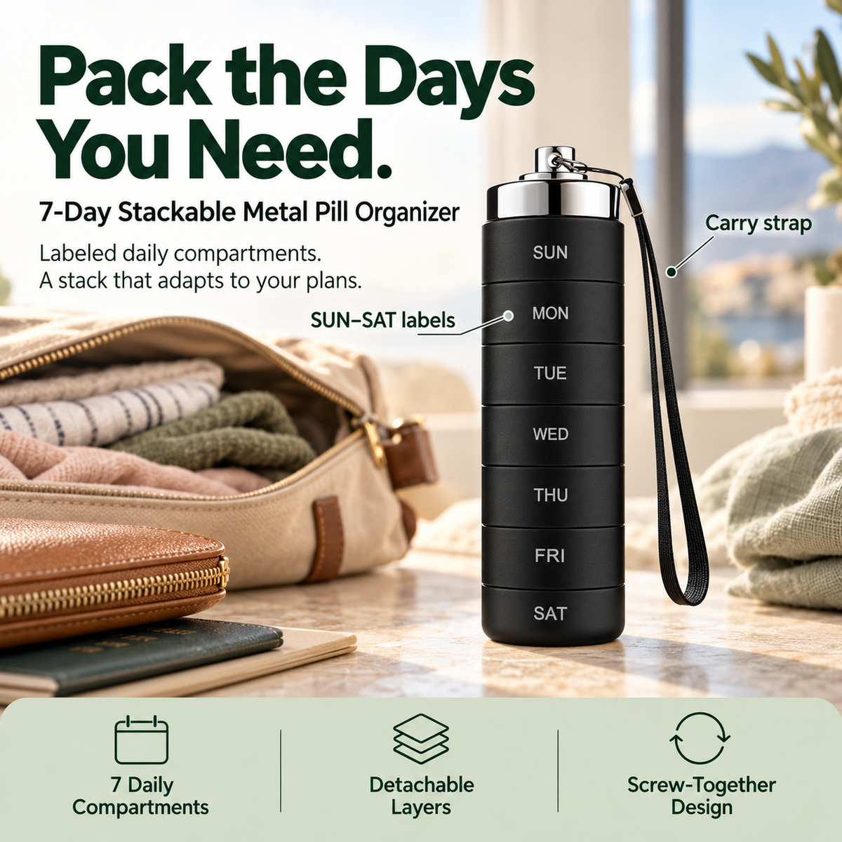 💊 7-Day Stackable Metal Pill Organizer – Detachable Daily Compartments with Screw Closures & Carry Strap