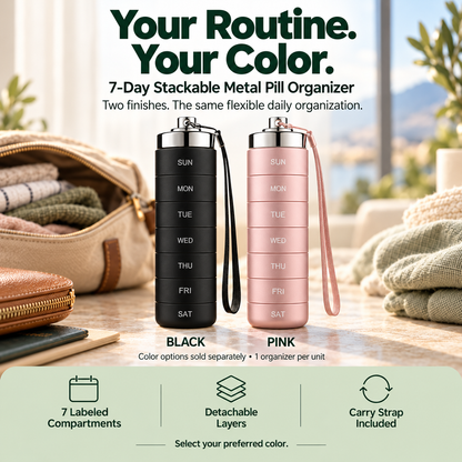 💊 7-Day Stackable Metal Pill Organizer – Detachable Daily Compartments with Screw Closures & Carry Strap