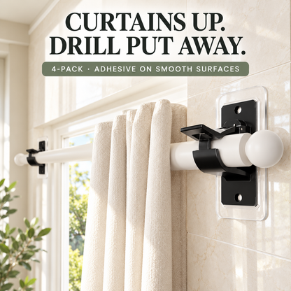 ✨ 4-Pack No-Drill Curtain Rod Brackets | Peel & Stick Holders for Smooth Surfaces | Fits 0.5–1.18″ Rods
