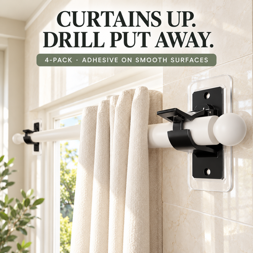 ✨ 4-Pack No-Drill Curtain Rod Brackets | Peel & Stick Holders for Smooth Surfaces | Fits 0.5–1.18″ Rods
