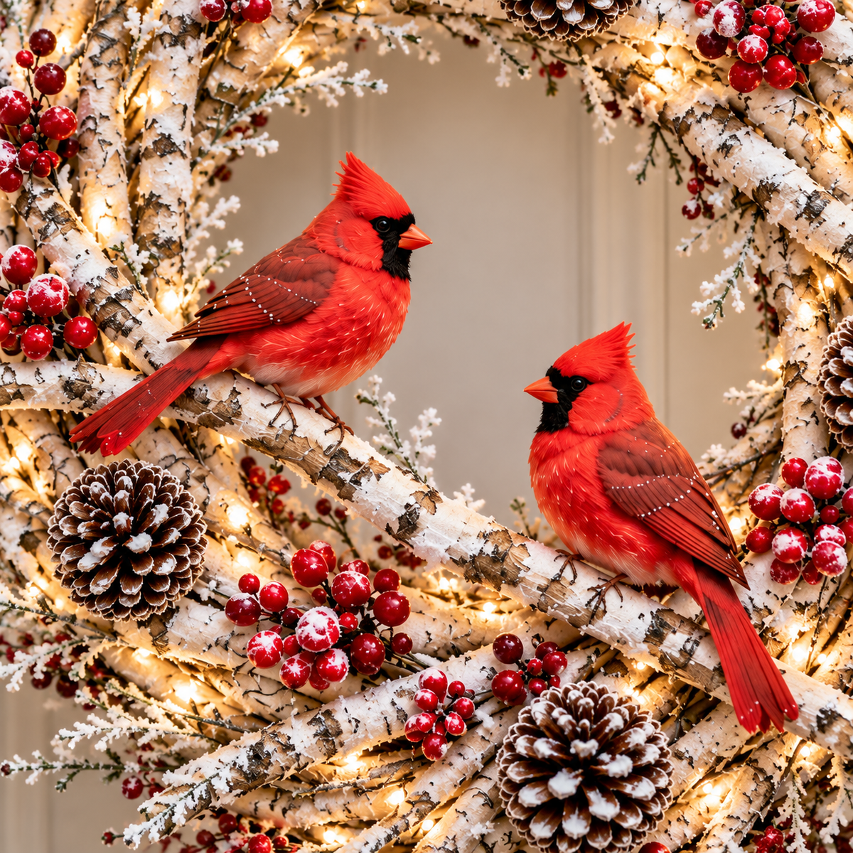 🔥 LAST DAY 49% OFF 🔥❤️ Official Snowy Birch Cardinal Wreath™ – Authentic Quality Lighted Christmas Door Wreath with Paired Red Cardinals, Berries & Pinecones ✨