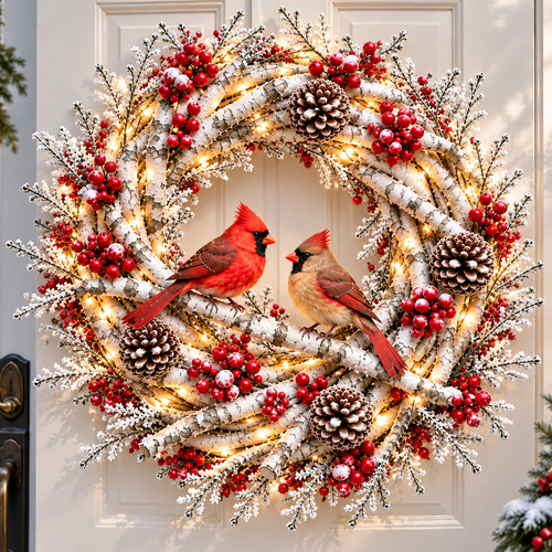 🔥 LAST DAY 49% OFF 🔥 ❤️🐦 Cardinals Together™ – Lighted Snowy Birch Christmas Wreath with Male & Female Cardinals 🎄✨