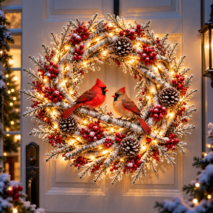 🔥 LAST DAY 49% OFF 🔥 ❤️🐦 Cardinals Together™ – Lighted Snowy Birch Christmas Wreath with Male & Female Cardinals 🎄✨